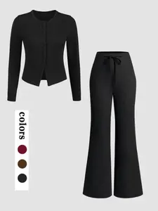 Women's Two-Piece Set, Solid Color Button Front Ribbed Short Top & Elastic Waist Pants Outfit, Casual Basic Long Sleeve Round Neck Clothes