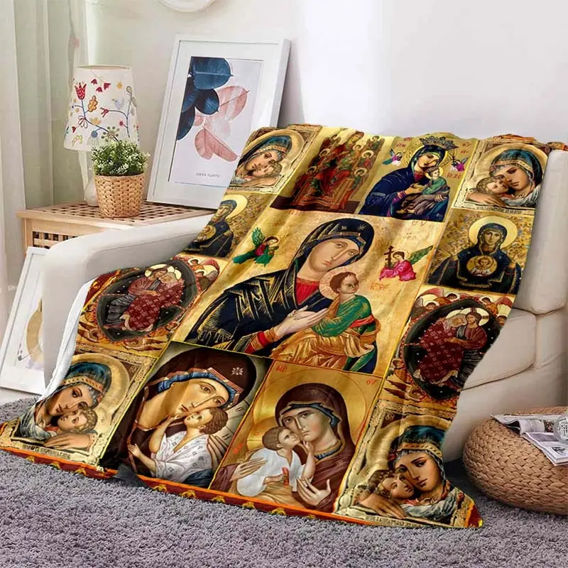 Byzantine Orthodox Christian Icon Flannel Blanket - Soft Cozy Warm Plush Throw, Virgin Mary Jesus Religious Art, Ideal Faith Gift for Believers for Easter, Church Prayer Room Home Decor