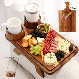 Couch Arm Table 4-in-1 with Cheese Board, Rotating 2 Cup Holders & Phone Stand & Knife Fork Removable,15.7"x9.8"Acacia Sofa Armrest Tray Clip on Arm Rest for Drinks,Snacks & Remote Control side coffee small lap caddy leg foldable bamboo shelves