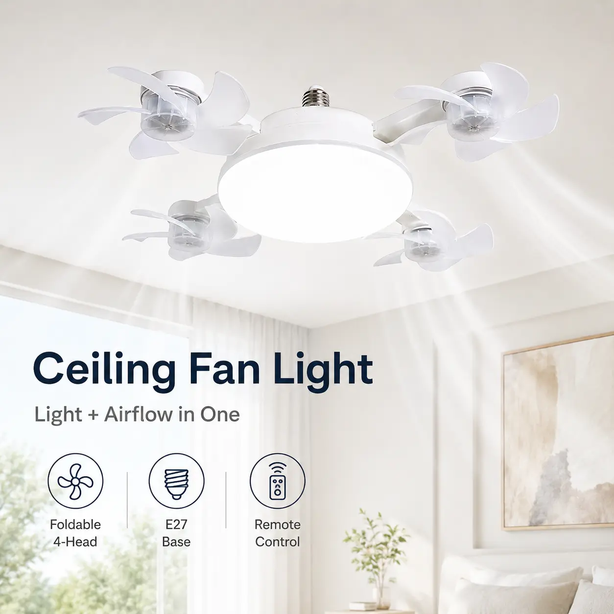 Drone-Look LED Flush Mount Ceiling Light with Foldable Heads, Remote Control, E27 Base Fixture – Light + Airflow Solution for Bedroom, Home