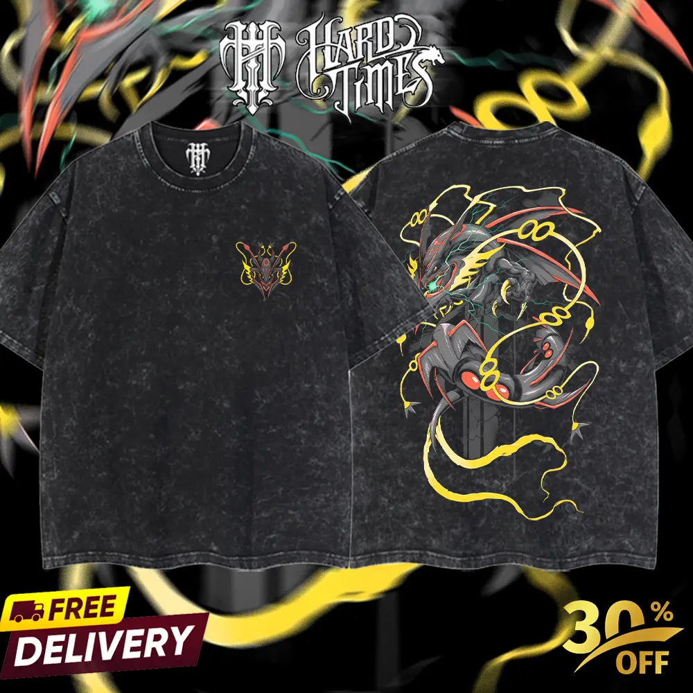 Shiny Rayquaza PKM Men's Unisex Oversized Heavyweight Cotton Round Neck Manga T-Shirt - Casual Streetwear, Retro Vintage Style, Acid Street Aesthetic, Seamless Tweed Fabric Top, Gift for Manga Fans