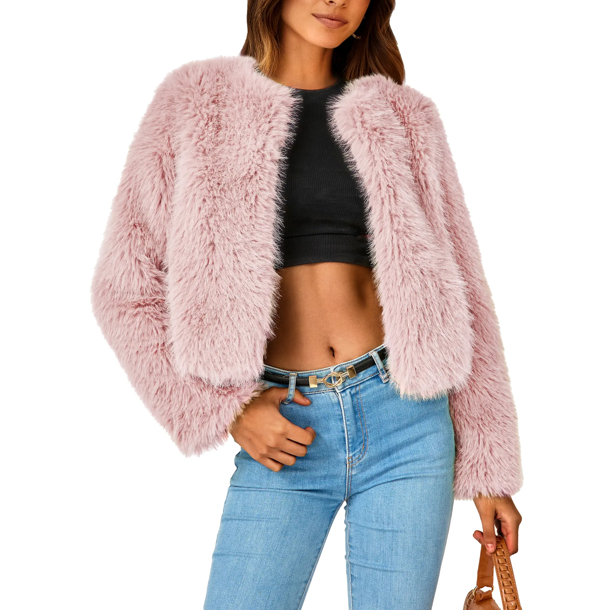 PrettyGarden Women's Winter Coats Fleece Cropped Jacket Faux Fur Long Sleeve Pockets Shaggy Warm Outerwear Fall Clothes