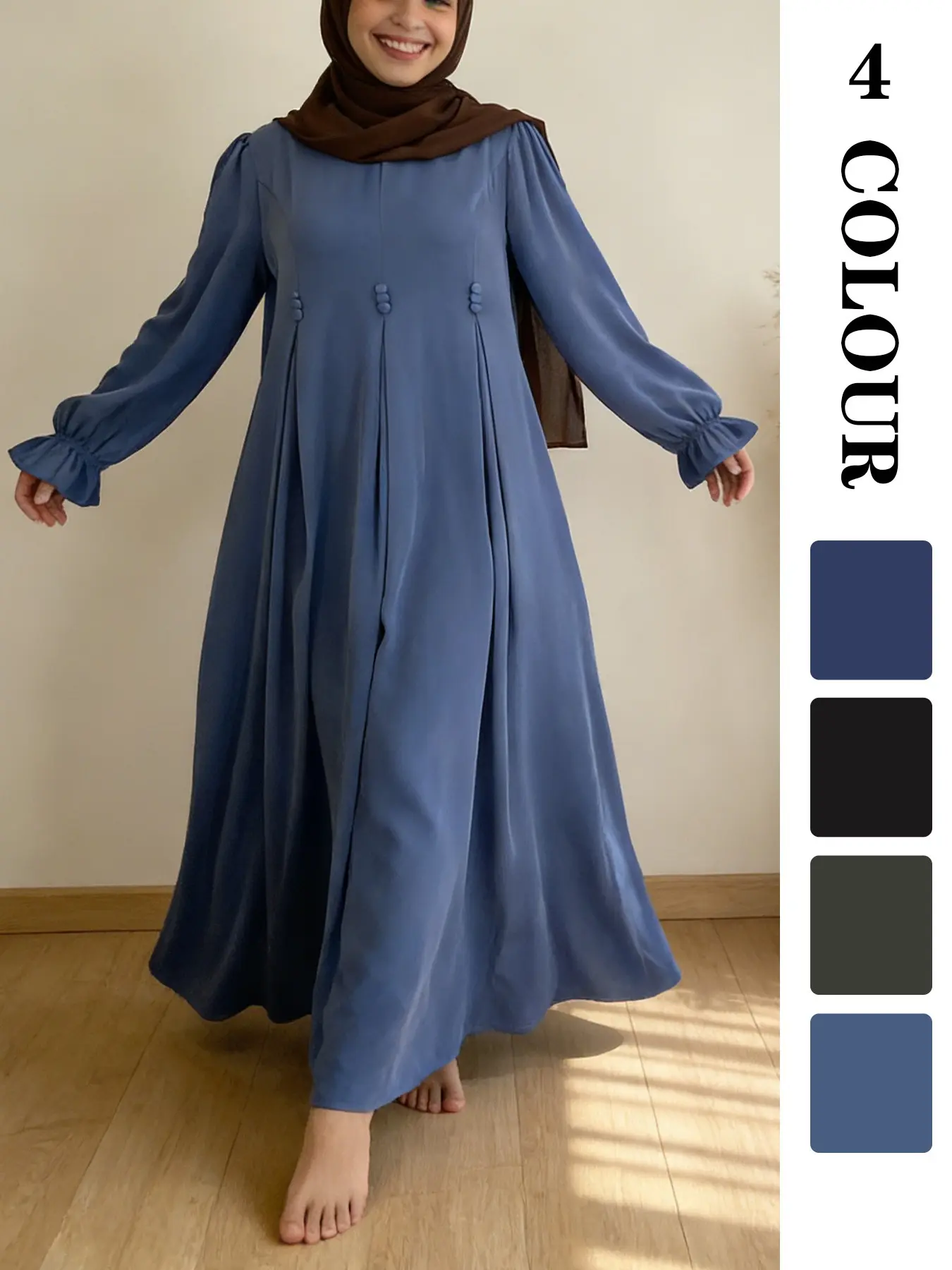 Spring Summer Muslim Dress Nida Fabric, 4 Colors 5 Sizes, Gathered Details Bubble Sleeves, Soft Not Tight-Fitting, Perfect for Friday/school, Modest Dresses, Hijabi Dresses, Modest Islamic Clothing, Islamic Modesty Clothes