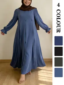 Spring Summer Muslim Dress Nida Fabric, 4 Colors 5 Sizes, Gathered Details Bubble Sleeves, Soft Not Tight-Fitting, Perfect for Friday/school, Classy Modest Dresses