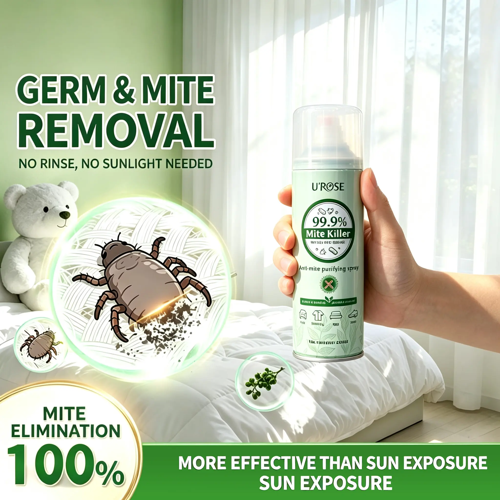 [UROSE] 100% Powerful Mite Removal Spray, No Rinse, No Sun Drying, Indoor Disinfection, Suitable for Dormitories, Pets, Pregnant Women and Babies, Multipurpose, Lavender Scent