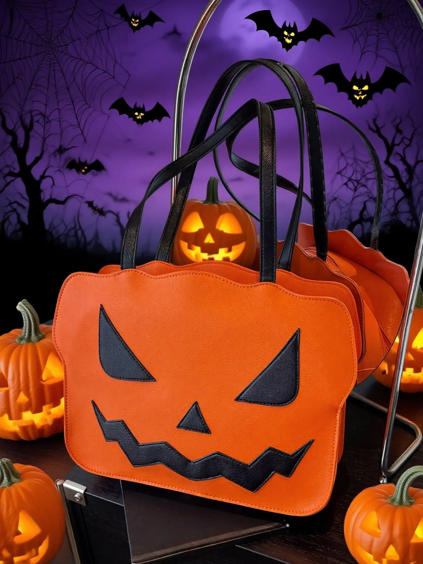 Halloween 3D Pumpkin Shape Festive Tote Bag, High-Value Angry Expression, Expressive Design, Large Capacity, Versatile Handbag, Single Shoulder Armpit Bag for Women, Holiday Style Bag