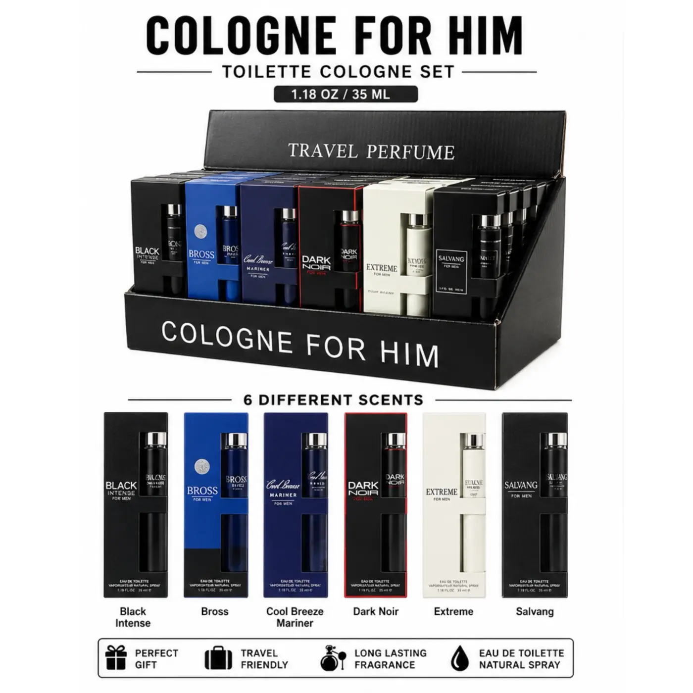 Men's Eau De Toilette Cologne Set 1.18 oz/ 35 ml, 6 Scents Travel Set