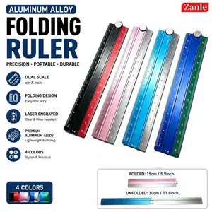 Foldable Aluminum Ruler, 15cm Folded to 30cm Unfolded, Dual Inch & Centimeter Scale, Durable Wear-Resistant Ruler for Student Office Drawing & Measuring