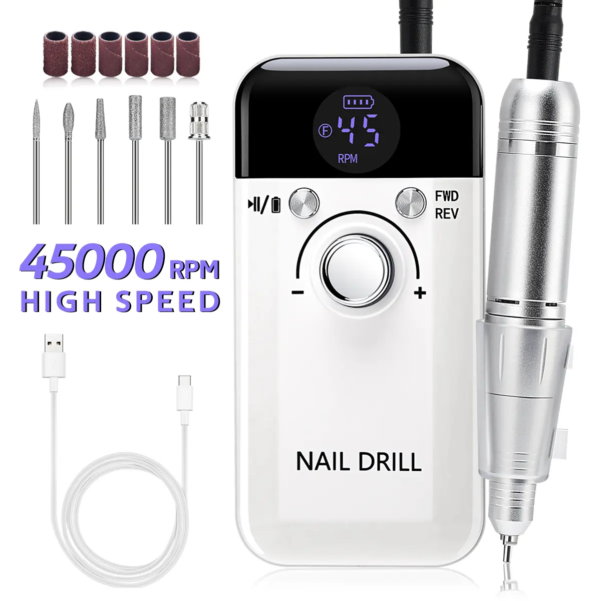 Professional Cordless E-File for Nail Care, 45000 RPM Rechargeable Manicure Tool with Digital Display, Portable Gel Nail Device for Home & Travel