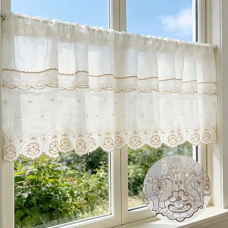 1pc French Luxury Embroidered Semi-Sheer Curtains, Kitchen Coffee Curtain, American Country Style, Top Rod, Suitable for Kitchen, Door, Partition, Bay Window Decor