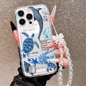 Blue Ocean Life Illustration Phone Case, Butterfly Knot Strap, Full Coverage Tpu, Anti-Drop, Compatible with iPhone 11-17 Pro Max, Decorative Smartphone Protector