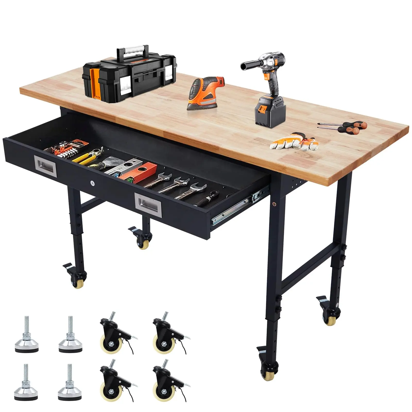GARVEE 60-in Heavy Duty Adjustable Workbench with Wheels, 2000 lbs Load Capacity, Oak Wood Top, Drawer, Power Strip, 1.3-in Thick Top, 27.8-in to 39.5-in Height Settings for Garage, Workshop, Workbench Style