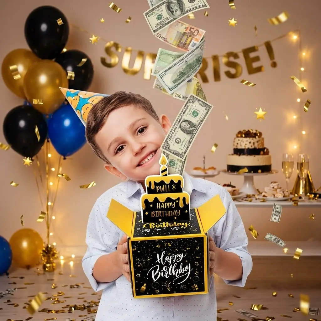 [New Deal] Birthday Money Box Surprise Money Roll Gift Box with Pull Out Card and 50 Transparent Bags DIY Set, Funny Ways to Give Money (Black), Wedding, Unisex