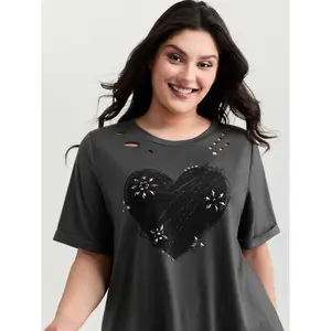 BLOOMCHIC Women's Plus Size Shortsleeve Spandex T-Shirt - Supersoft Hot Fix Rhinestone Casual Clothes, Flattering Fit Grey Fabric, M-6X Sizes, 2026 Summer Vibes