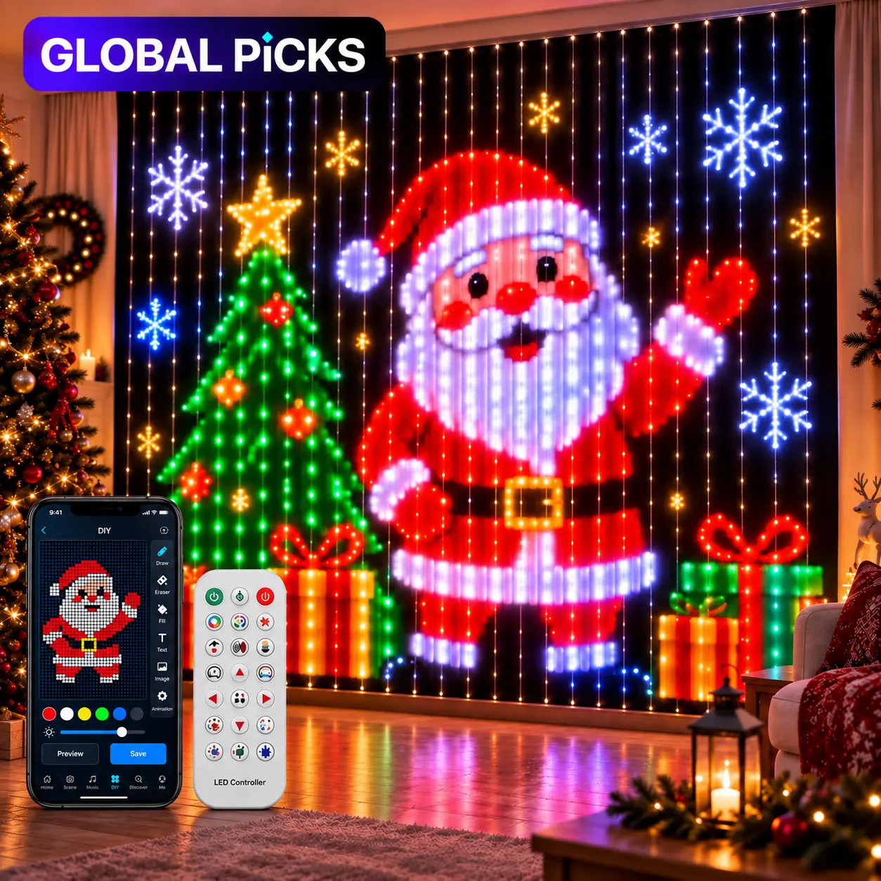 IP65 Waterproof DIY Pixel Curtain Smart LED Lights, SURPLIFE APP Control with Custom Text & Patterns, Music Sync, Outdoor Safe, Customizable Lighting, Aesthetic Room Decor for DIY Users with Hooks