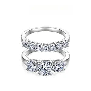 Moissanite Rings for Women 1CT Trilogy Wedding Set D VVS1 3 Stones Stackable Band Golden Lab-Created Hypoallergenic Engagement Promise Anniversary Gift Fine Jewelry
