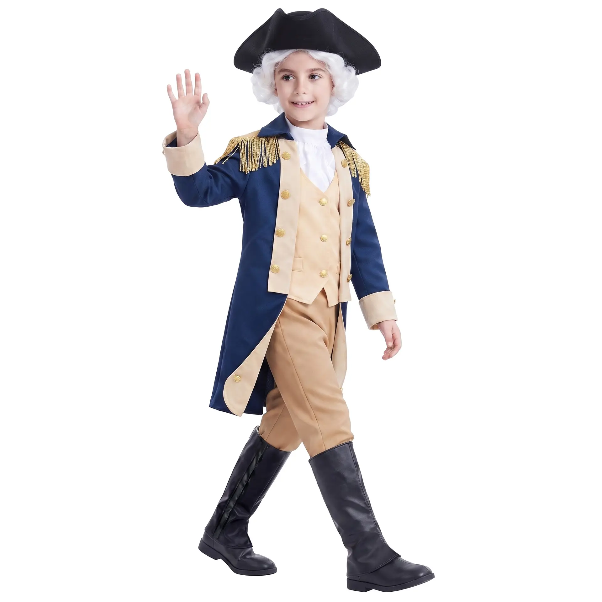 Kids George Washington Colonial Costume, Boys Revolutionary War General Uniform, 18th Century American Founding Father Historical Cosplay Outfit with Tricorn Hat for Halloween School History Day Dress Up sohochic