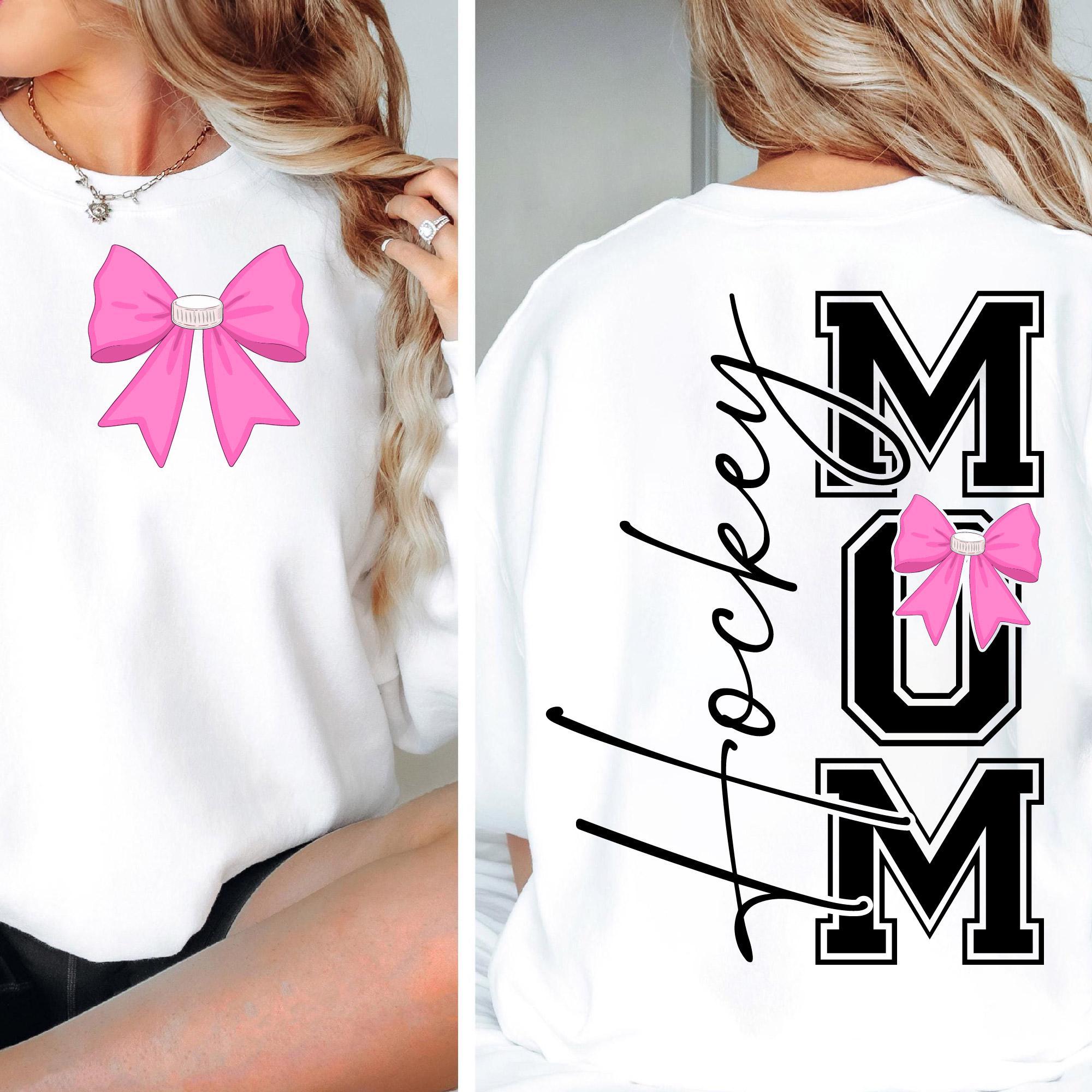 Hockey Mom Pink Bow Sweatshirt, Coquette Front Back Gift, Custom Name Crewneck, Womenswear, Unisex Cotton Top, Printed