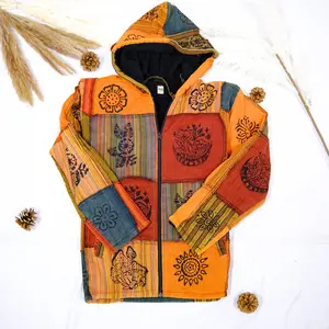 Patchwork Hippie Hooded Winter Jacket, Fleece Lined Cotton Long Sweater, Unisex Boho  Pullover with Zipper, Patched Hippie Jacket, Plus Size, Thick Winter Sweater with Pockets, Zip up Sweatshirt Classic Menswear