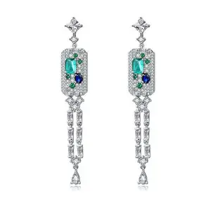 Elegant S925 Long Tassel Zirconia Earrings - Sparkling Teal & Blue Gemstone Accents, Perfect for Parties, Banquets, and Occasions, Ideal Anniversary Gift, Party Accessories | Elegant Earrings | Gemstone Accents
