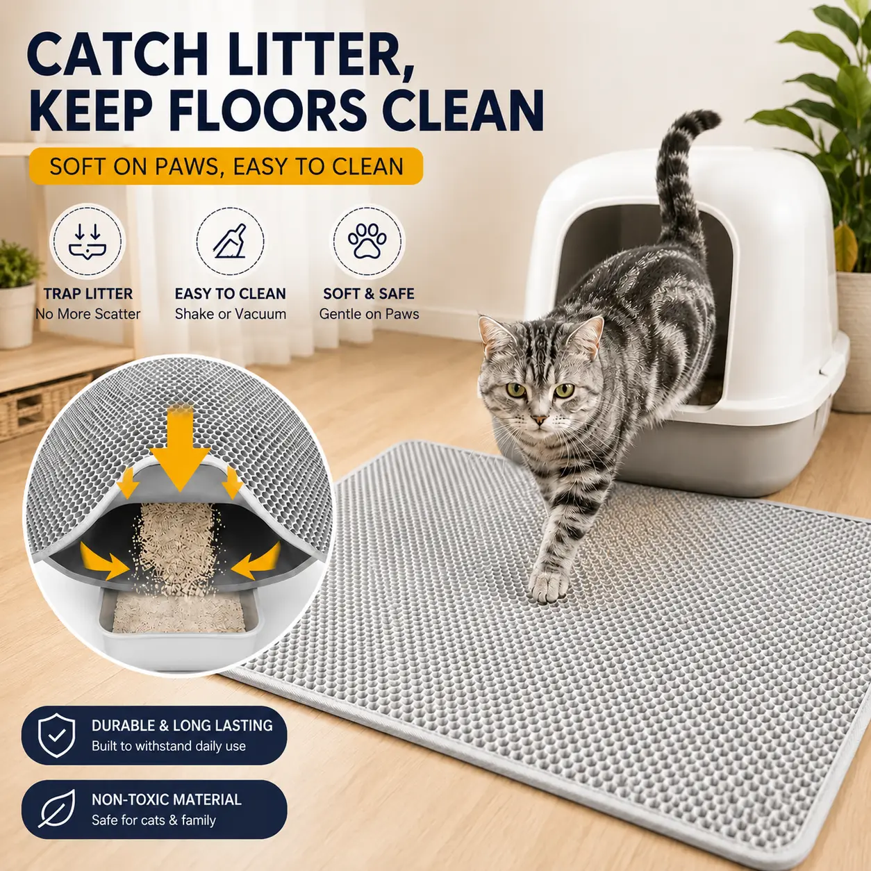 Honeycomb Grid Double-Layer Cat Litter Mat, 29.6"x21.7" with Side Opening, Waterproof Base, Soft EVA Material, Anti-Slip Backing, Litter Trapping, Easy to Clean Floor Protector for Kitty
