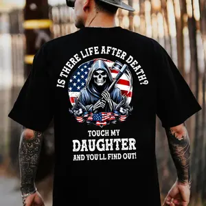 Funny Dad Shirt – Protective Father Skull Reaper Graphic Tee, American Flag Patriotic Humor Shirt
