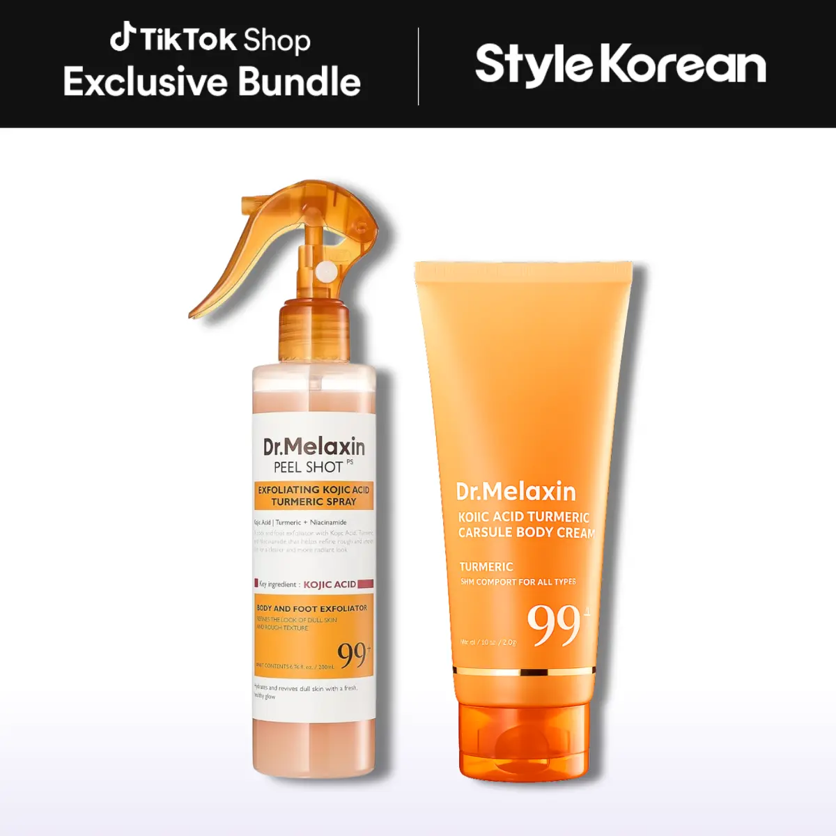 [Dr.Melaxin] Peel & Glow Kojic Acid Turmeric Body Duo – Peel Shot Kojic Acid Turmeric Spray + Kojic Acid Turmeric Capsule Body Cream