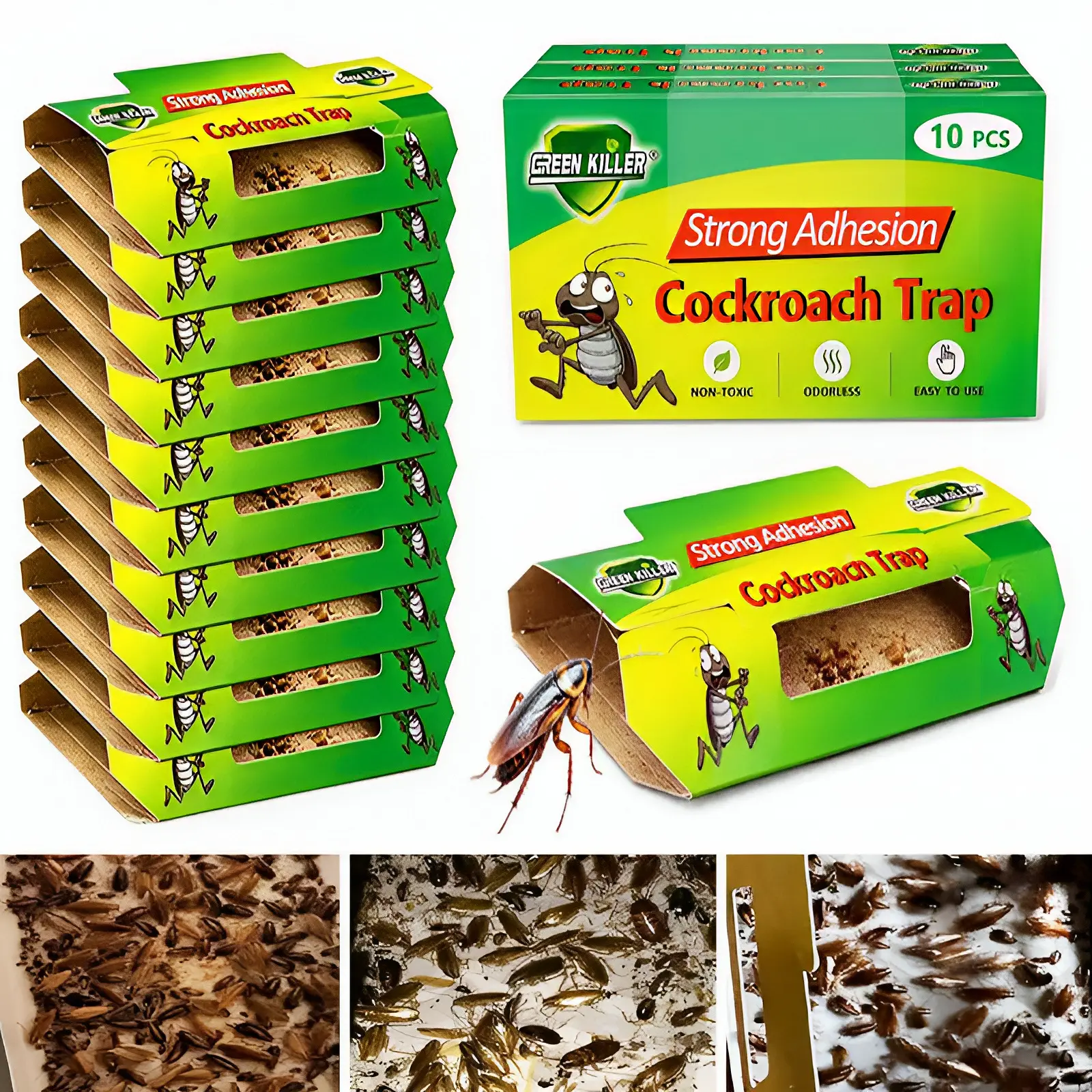 10-Pack Strong Sticky Cockroach Traps with Bait - Non-Toxic, Unscented Indoor Pest Control Sticky Pads for Compact House, Portable Indoor Insect Control, Pet & Child-Safe Home Supplies for Dark Corners to Keep Bugs Out