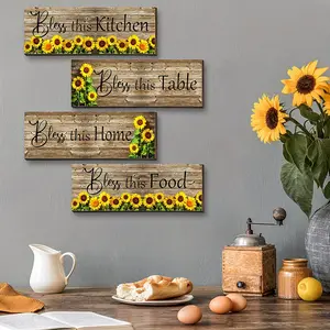 4pcs Sunflower Wall Decor Set - "Bless This Kitchen," "Bless This Table," "Bless This Home," Vintage Floral Wooden Signs with Yellow Accents - Rustic Farmhouse Design, Rustic Country Style for Kitchen, Dining Room, Living Room, Bar, Home Decoration