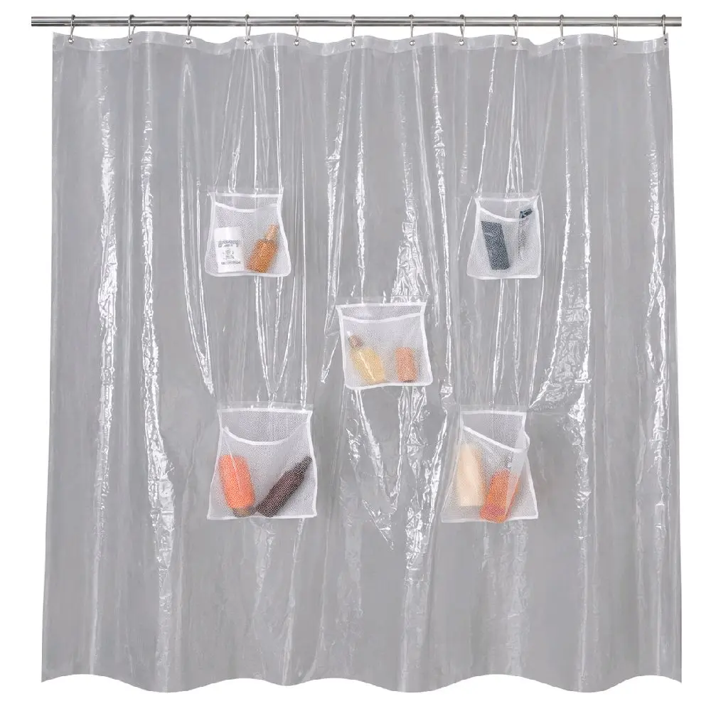 70" x 72" Heavyweight PEVA Shower Liner with 5 Mesh Pockets, for Storage, Tech, Tablets, iPads, Space-Saving, Clear
