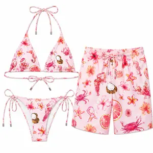 Pink Tropical Matching Swimwear Set Featuring Floral & Sea Motif Print Bikini for Women and Coordinated Men’s Swim Shorts, Fresh Summer Beach Style