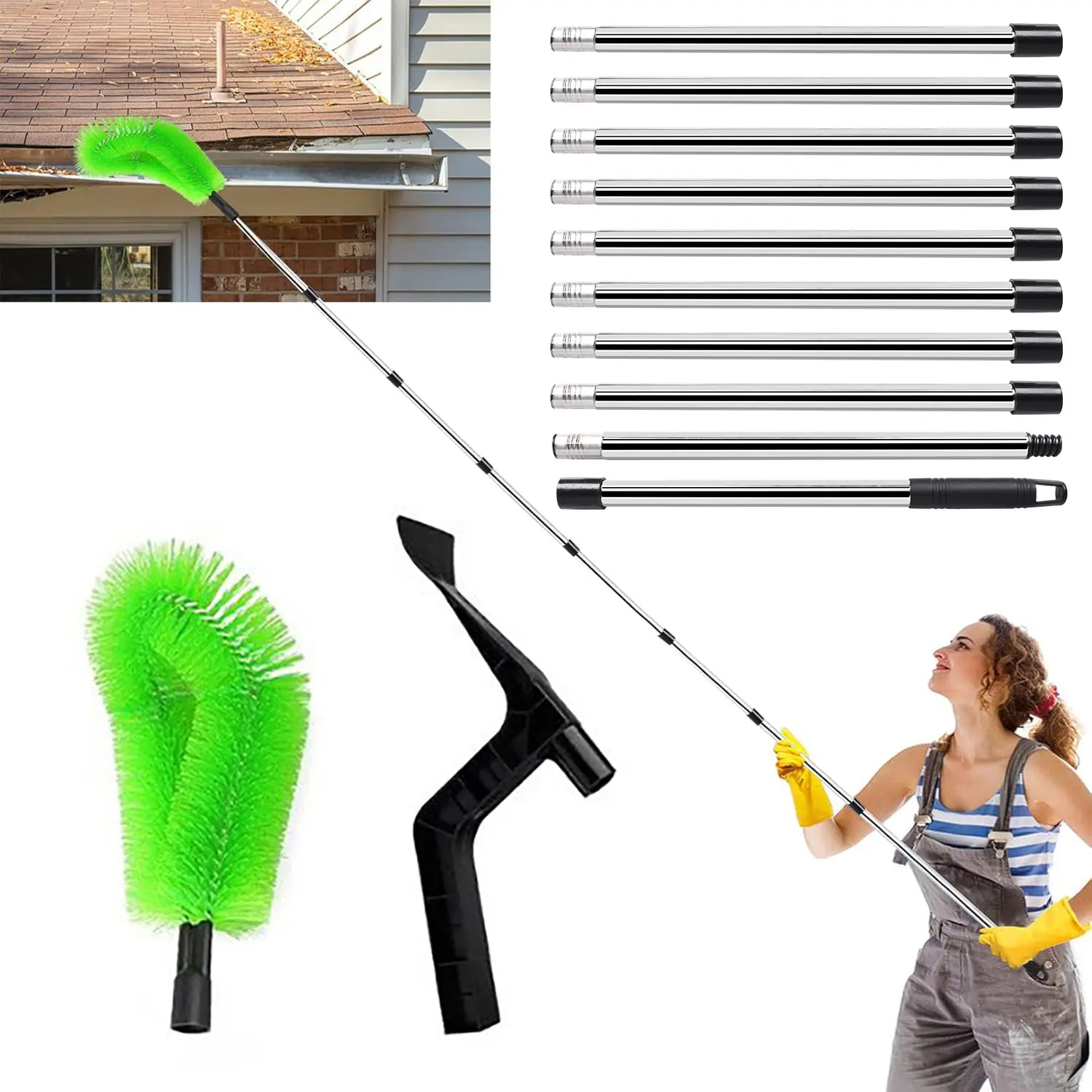 2 in 1 Gutter Cleaning Tools 12.8FT Adjustable Gutter Cleaning Tools Multi-Functional Gutter Cleaner Brush Easily Clear Roof Leaves Debris Roof Gutters