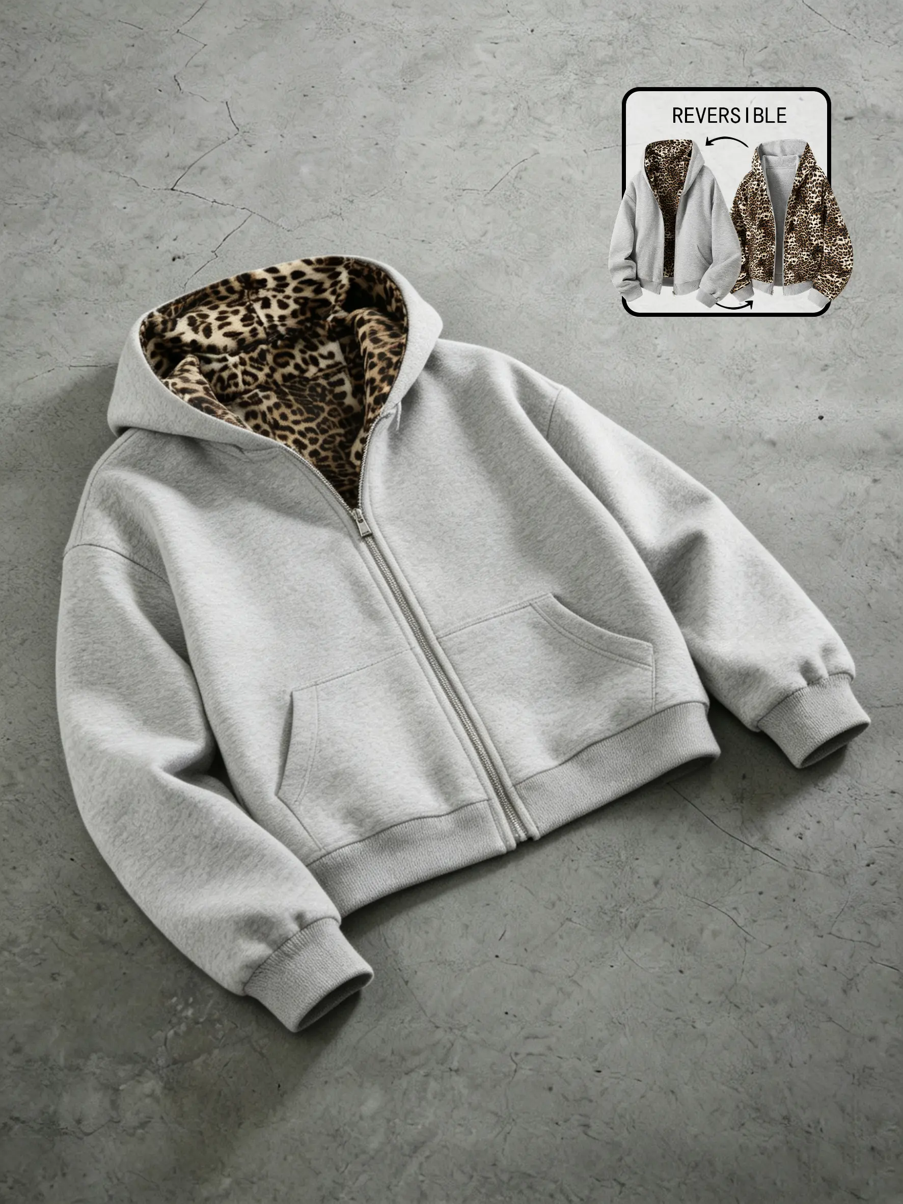 Unisex cotton-blend leopard print zip-up hooded sweatshirt for spring and autumn, casual and stylish loose-fit reversible sports jacket suitable for everyday wear and street outings.