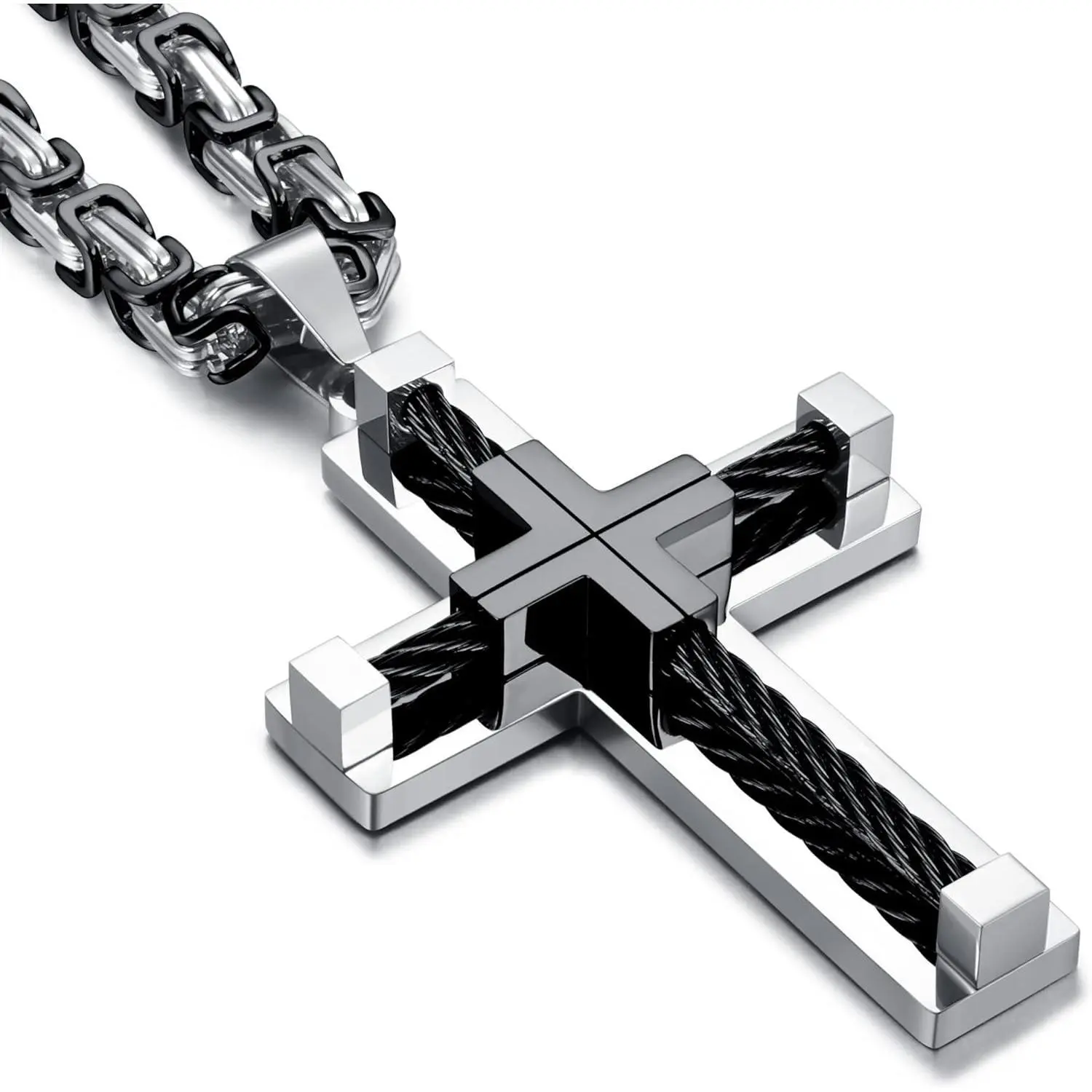 FINREZIO Stainless Steel Large Cross Chain Silver/Gold/Black Cross Pendant Byzantine Chain Necklace Cross Necklace for Men 24" gifts girlfriend necklace stack jewelry men men's jewelry chains for men y2k accessories men's jewelry