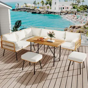 6-Pieces Outdoor Patio Conversation Set, Wicker Furniture Set with Coffee Table & Cushions, Outdoor Sectional Sofa for Balcony, Backyard, Deck, Poolside