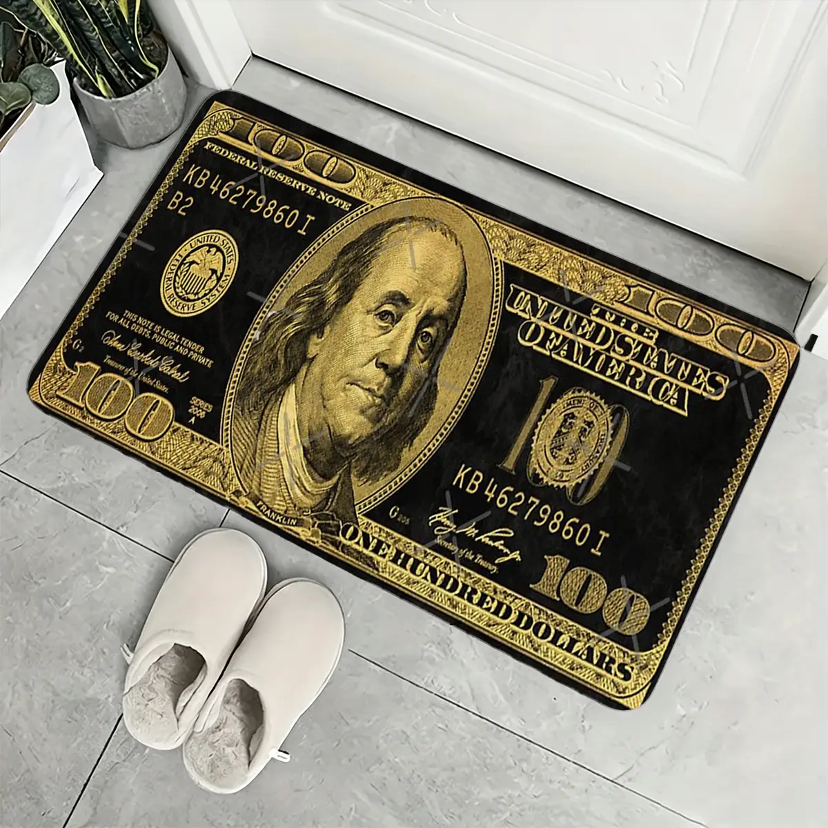 Black Gold 100 Dollar Bill Flannel Doormat 3 Sizes 16×24in/20×31in/24×36in, Non Slip Absorbent Indoor Entry Rug, Cool Money Print Front Door Floor Mat