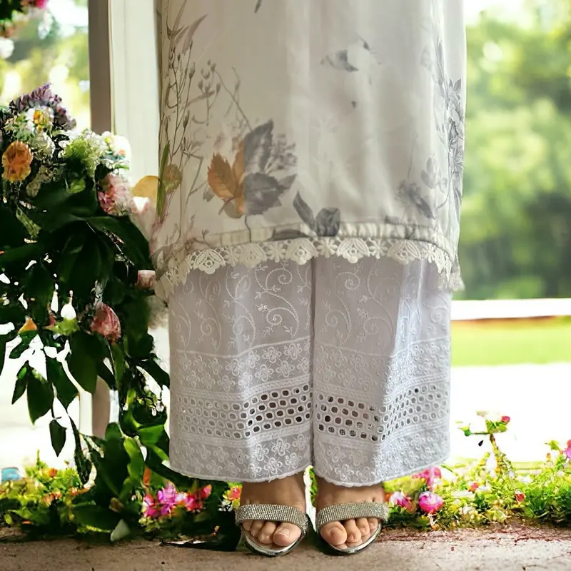 Women's Elegant Pakistani Cotton Palazzo Pants - Chikankari Embroidery, Lace Detailing, Premium Fabric Bottoms for Womenswear