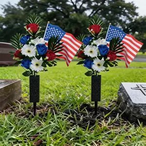 Memorial Day Flowers for Cemetery: 2 Pcs Outdoor Grave 250th Anniversary USA Decorations - Artificial Patriotic Cemetery Flowers for Grave - Red White Blue Roses with American Flags Vase