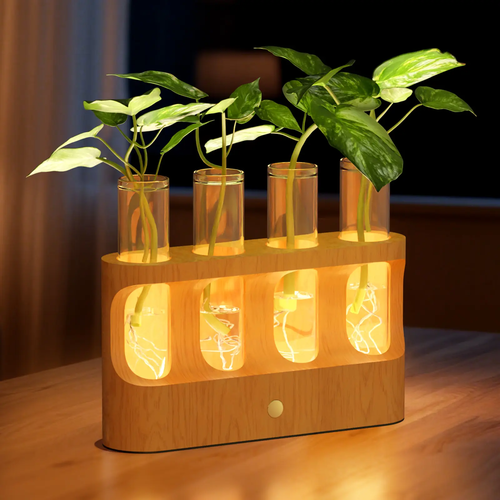 Lightalent Rechargeable Compact Small Indoor Planters Propagation Station - Stepless LED Light, Wooden Pot Plant Stand, 4 Planting Containers, Hydroponic Terrarium for Home Decor, Gift for Plant Lovers