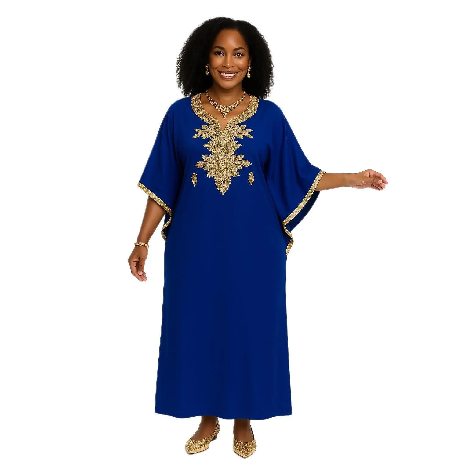 Moroccan Cotton Caftan Dress for Women – Handmade Blue Long Kaftan Maxi Dress, Traditional Middle Eastern Boho Lounge Gown, Modest Embroidered for Eid, Wedding, or Resort Wear