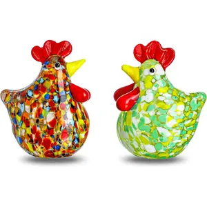 Set of 2 Mini Glass Rooster Figurines Art Blown Glass Chicken Collectible Figurine Crystal Animal Ornaments for Farm Thanksgiving Centerpiece Decor