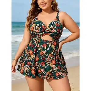 2026 New Plus Size Vibrant Floral Print Swim Dress, Halter Neck Twist Front Cutout Tummy Control Bathing Suit with Built-in Briefs, Modest Curvy Swimwear for Beach Vacation