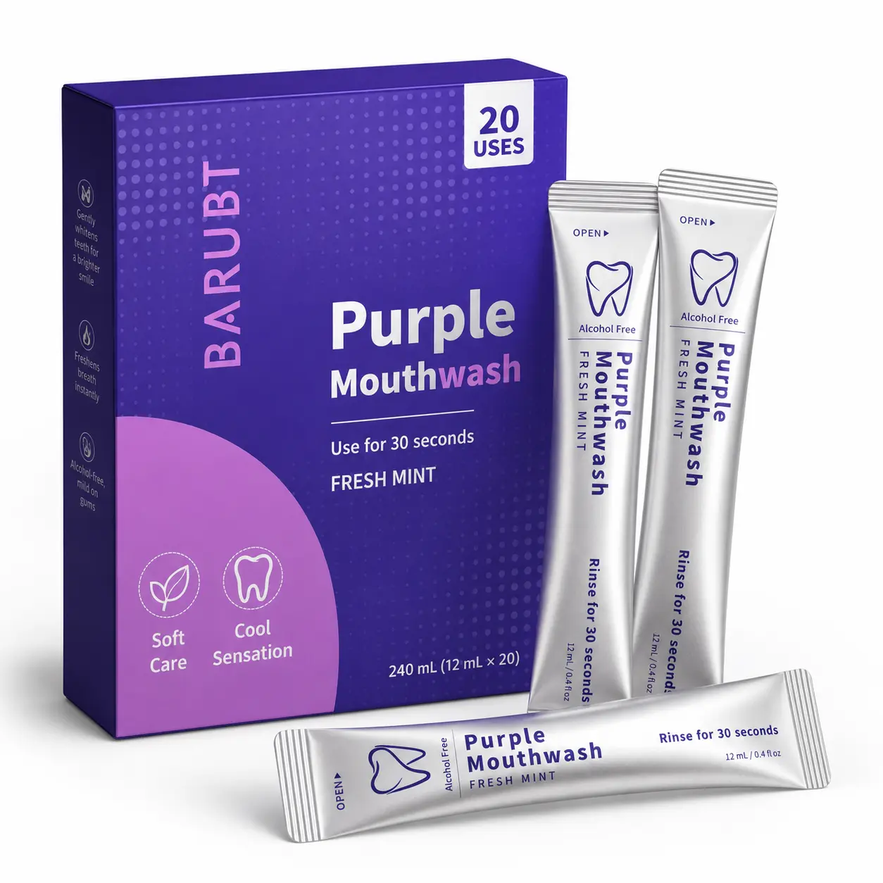 Purple Mouthwash - Sachets 20 Pack - Peroxide-Free - Alcohol Free - Vegan Mint Purple Mouthwash Sachets Pack - 20 Count,Peroxide &Alcohol Free, Gentle, Vegan Cool Mint, Cruelty Free