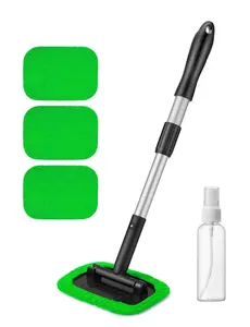 Windshield Cleaner Kit with 4 Reusable Microfiber Pads & Extendable Handle for Auto Inside Glass Wiper Green Car Cleaning Tool