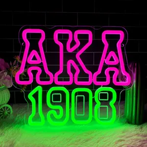 AKA Sorority Neon Sign, Decorative Neon Sign, Home Decor Light, AKA 1908 Neon Lights Pink Green LED Neon, Wall Dimmable Light Up Art Sign for Bedroom Dormitory Bar Club Party Birthday Christmas Gifts for Women, Modern Mood Lighting