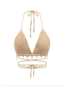 Women's Shell Decor Lace Up Halter Neck Crochet Cover Up Top, Crochet Cover Ups, Boho Fashion Hollow Out Backless Swimwear Top for Women Beach Holiday Vacation, Summer Outfits, Ladies Summer Clothes, Boho Chic Style, Clothing