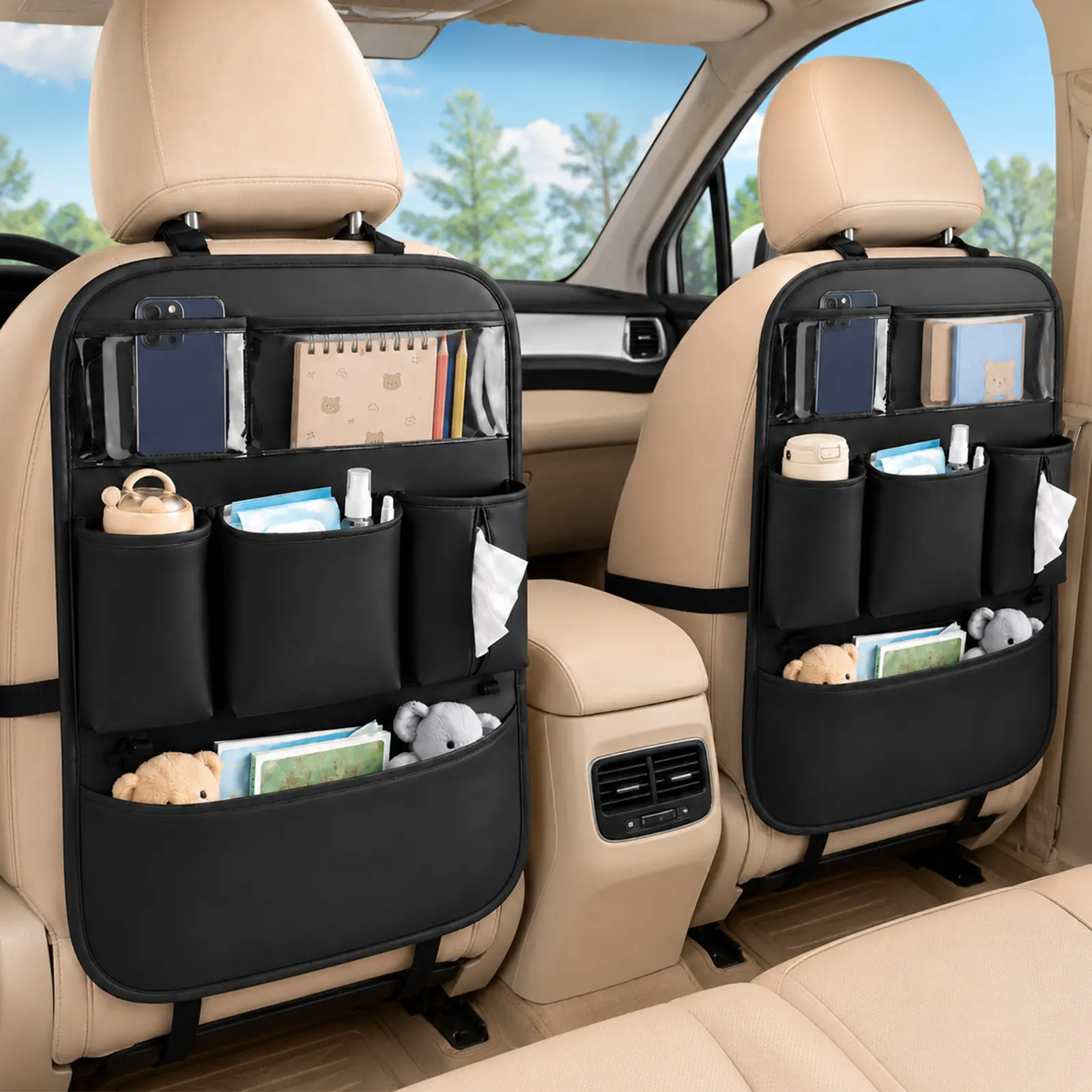 Premium PU Leather Car Seat Back Organizer Travel Accessories With Tissue Storage Bag Tablet Storage Kick Mats Back Seat Protector And Cup Holder Holder Universal Use Seat Covers