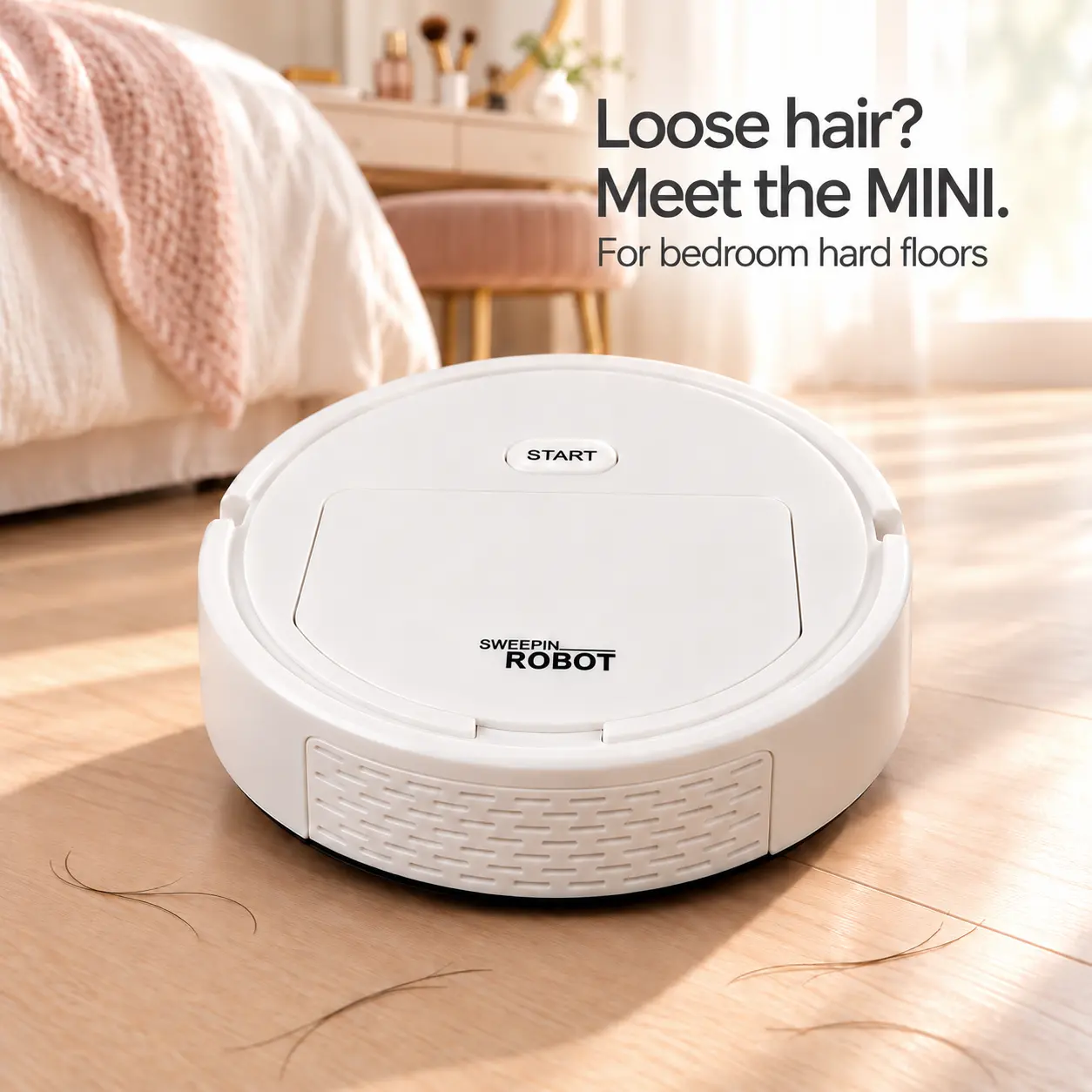 Mini Rechargeable Robot Floor Sweeper for Loose Hair on Hard Floors, N235 Bedroom and Vanity Area Floor Care, One-Button Start, USB-C Charging