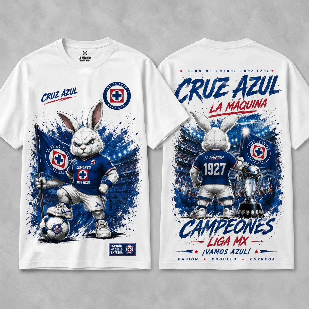Cruz Azul La Máquina Campeones T-Shirt, White Rabbit Soccer Graphic Tee, Liga MX Champion Fan Shirt, Double Sided Vamos Azul Apparel For Men Women