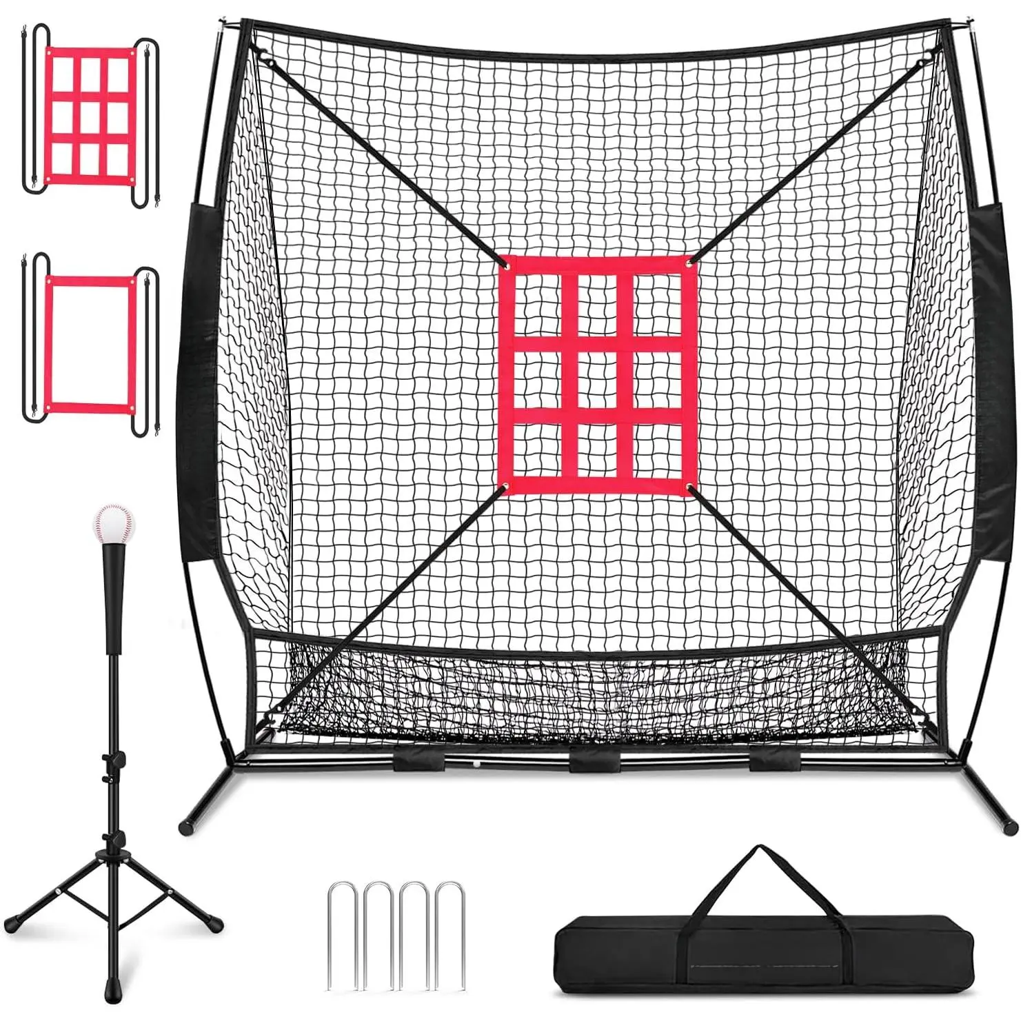 7x7 ft Baseball & Softball Practice Net with Bow Frame for Batting, Hitting, Pitching, Portable Baseball Throwing Net with 2 Strike Zone Batting Tee, Carry Bag, Great for All Levels
